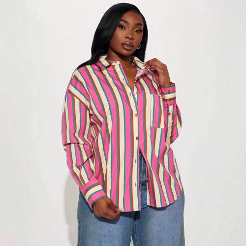 Cross-border European and American autumn new fashion casual striped long-sleeve shirt, loose and versatile outerwear for women