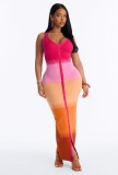New European and American cross-border fashion sexy color-blocked V-neck strap slim-fit bodycon long dress for women
