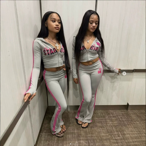 FC1430 European and American cross-border retro waist-cinching slim-fit letter-printed hot girl long-sleeve pantsuit casual outfit