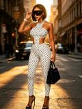 FC1494 European and American cross-border hot girl polka dot milk silk halter neck slim-fit long pants black and white pants set