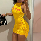 Cross-border European and American summer new fashion sexy solid color printed halter neck tie-waist tank dress