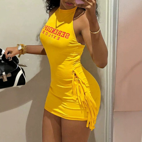 Cross-border European and American summer new fashion sexy solid color printed halter neck tie-waist tank dress