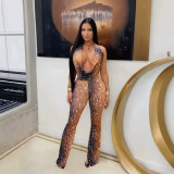 New European and American cross-border fashion sexy retro deer print halter neck backless lace-up slim-fit jumpsuit for women