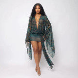 Cross-border European and American summer fashion printed mesh long-sleeve backless tie-up deep V bodycon mini dress for women