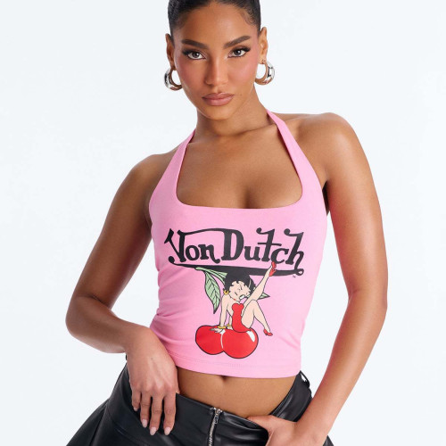 Cross-border European and American summer new foreign trade American-style slim-fit halter-neck tie-up printed letter cartoon pattern tank top