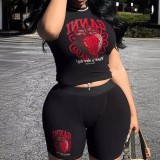 FC1238 European and American cross-border personalized trendy brand printed short-sleeve pants set, black sexy hot girl African milk silk
