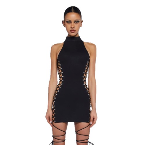 FC1479 European and American cross-border new vintage milk silk hollow-out strap halter bodycon dress, black, for foreign trade
