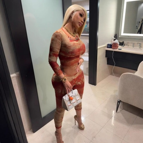 FC1310 European and American women's spring new fashion mesh printed round-neck long-sleeve top and tight-fitting long pants two-piece set