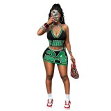 Cross-border European and American summer new foreign trade sexy hot girl halter neck letter print camisole top and short skirt set