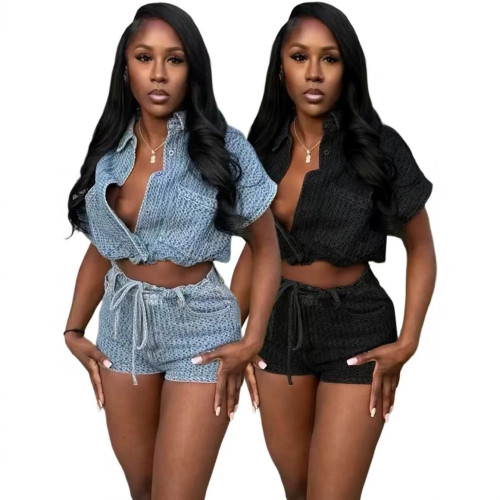 57005 New Summer European and American Casual Fashion Women's Denim Vest Two-Piece Set European and American Style