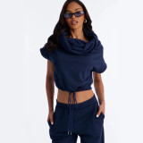 Cross-border European and American summer new casual foreign trade set for women: stacked collar short-sleeve crop top with tie and elastic cropped pants