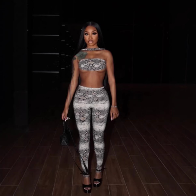 Cross-border European and American summer new fashion printed snake pattern halter neck sleeveless slim-fit long pants set