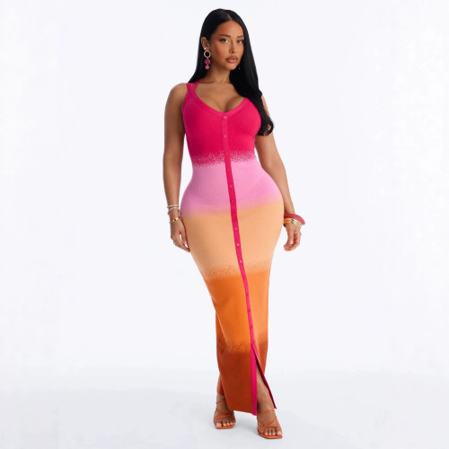 New European and American cross-border fashion sexy color-blocked V-neck strap slim-fit bodycon long dress for women