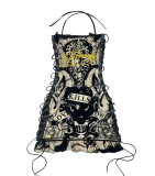 1288 European and American fashion cross-border vintage Halloween skull print oil painting drawstring strapless dress