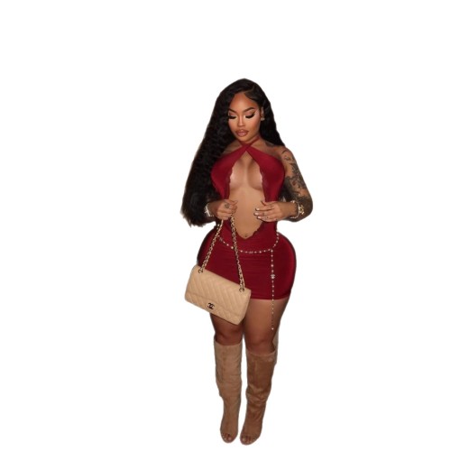 1448 European and American cross-border sexy lace-trimmed hollow-out halter neck slim-fit bodycon dress short skirt women's clothing