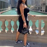 FC1215Y2K Motorcycle Style Digital Print Casual Tank Top Music Festival Tight Dress Black Milk Silk