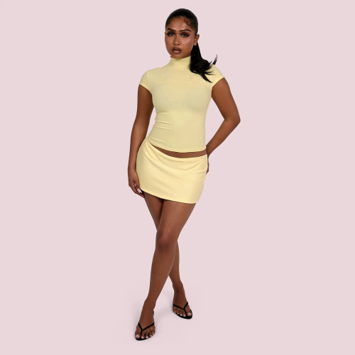 FC1491 European and American cross-border hot girl pink and yellow slim-fit half-high collar solid color short-sleeve top and bodycon skirt casual set