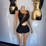 FC1429 European and American women's fashion strapless sexy navel-revealing asymmetrical sleeveless T-shirt jumpsuit shorts