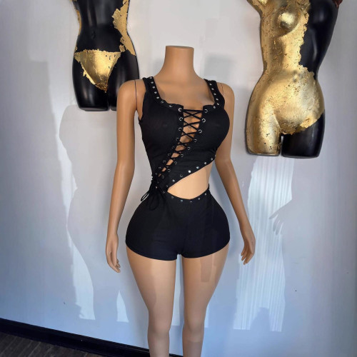 FC1429 European and American women's fashion strapless sexy navel-revealing asymmetrical sleeveless T-shirt jumpsuit shorts