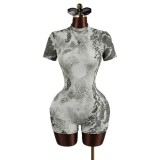 New European and American cross-border fashion sexy hot girl printed round neck backless slim-fit short-sleeve short jumpsuit for women