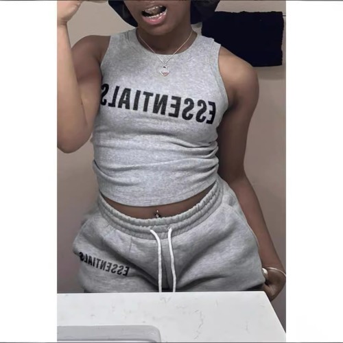 FC1132 European and American cross-border fashion letter print round neck casual suit light gray sexy hot girl
