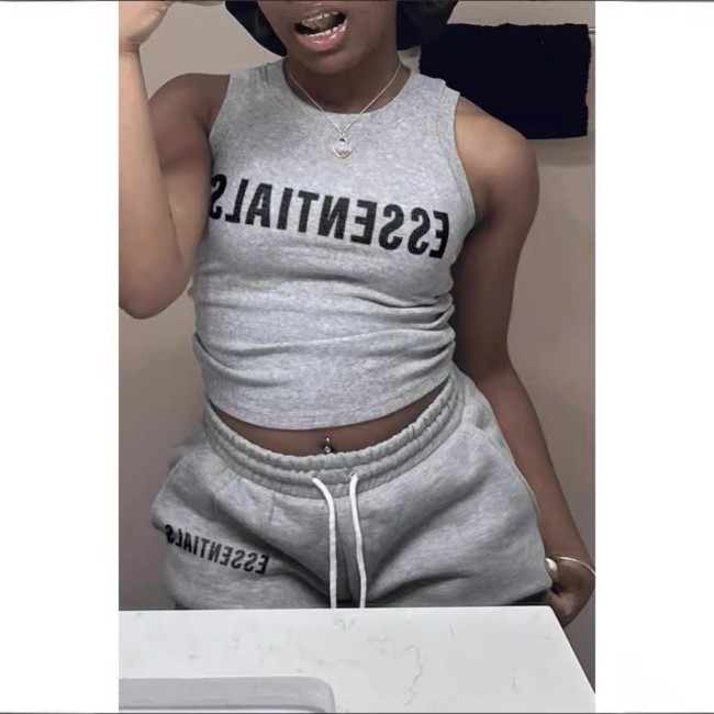 FC1132 European and American cross-border fashion letter print round neck casual suit light gray sexy hot girl
