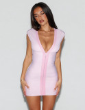 New European and American cross-border fashion sexy deep V-neck zippered bandage striped solid color slim-fit bodycon dress