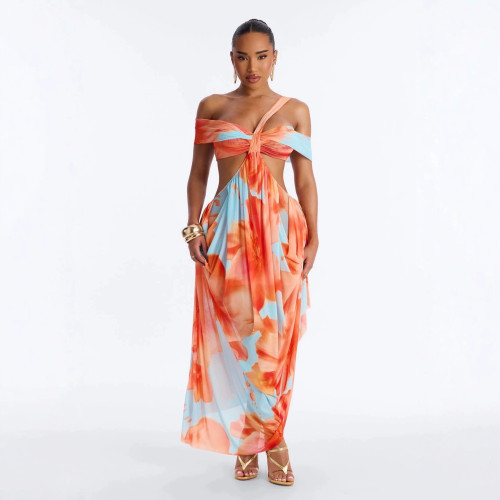 Cross-border European and American summer new fashion sexy strapless slim-fit printed asymmetrical dress for women