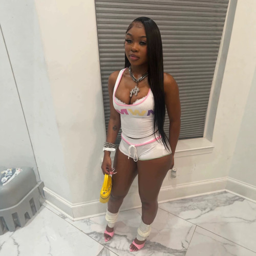 Cross-border European and American summer new foreign trade sexy hot girl printed letter crop top and hip-hugging shorts set for women