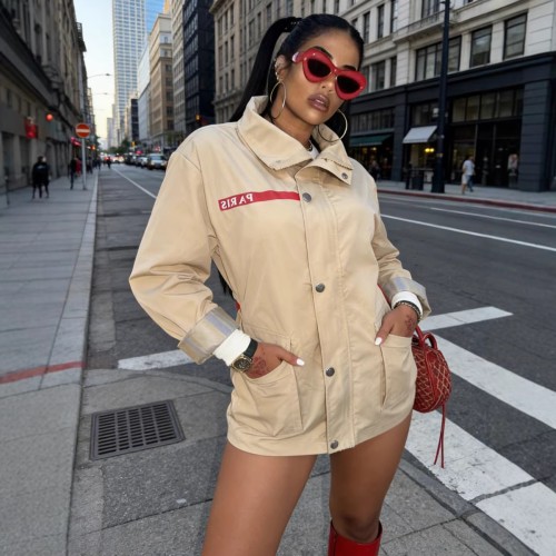 FC1260 European and American cross-border autumn and winter heavy-duty outdoor jacket, fashionable letter-printed windbreaker, khaki color, other colors unavailable