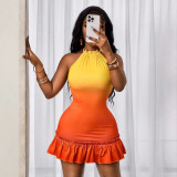 Cross-border European and American summer new fashion sexy halter neck tie sleeveless gradient color lace short dress
