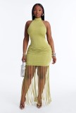 Cross-border European and American foreign trade summer new fashion sexy solid color halter neck backless design tassel dress for women