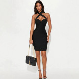 New European and American style cross-border fashion solid color bandage cross halter neck ribbed slim fit bodycon dress for women