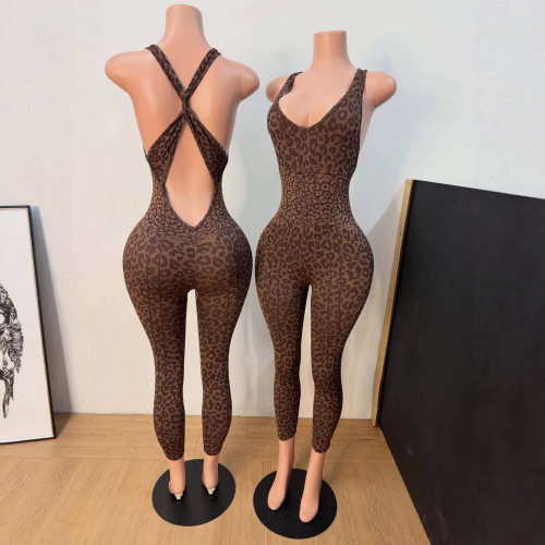 Y3008338 European and American cross-border fashion women's leopard print sports casual jumpsuit