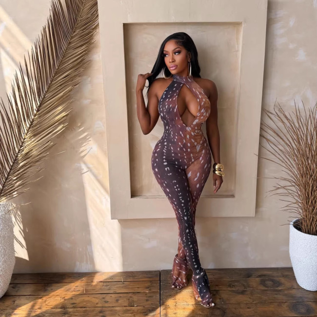 Cross-border European and American summer new fashion sexy deer print backless jumpsuit for women