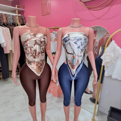 Y300344 European and American cross-border fashion women's printed strapless versatile sexy outfit