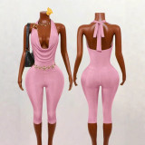Cross-border European and American summer new fashion sexy halter neck metal buckle open back jumpsuit women's clothing