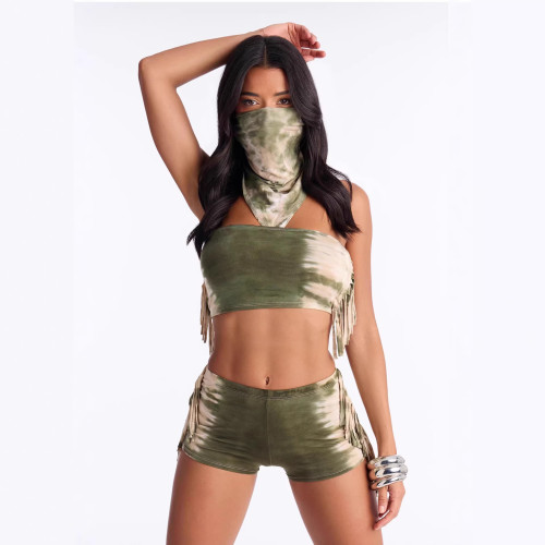 Cross-border European and American summer new fashion tie-dye strapless tassel tank top, shorts, and triangle scarf three-piece set