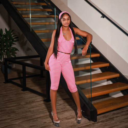 Cross-border European and American summer new fashion sexy halter neck striped sleeveless top and hip-hugging cropped pants women's outfit