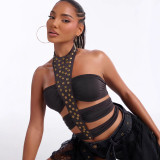 Cross-border European and American summer foreign trade sexy and unique halter-neck tie-up studded cropped slim-fit tank top women's clothing