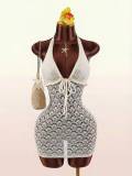 Cross-border European and American summer new fashion sexy woven hollow-out slim-fit bodycon short dress for women