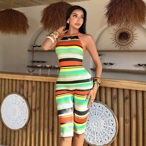 Cross-border European and American summer new fashion sexy printed striped halter neck backless sleeveless three-quarter jumpsuit for women