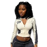 FC1298 New Trendy Brand Stand Collar Patchwork Tight Top and Pants Set in White, European and American Sexy Hot Girl African Style