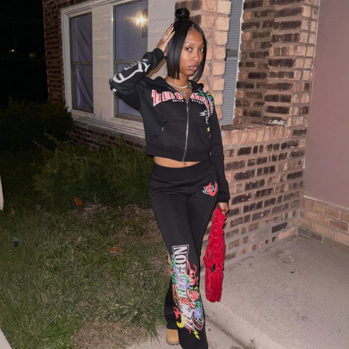 FC1425 European and American cross-border street style hot girl printed sweatshirt and pants fashion set women's winter cross-border European and American style