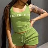FC1243 European and American cross-border fashion printed tank top and shorts U-series set in grass green and deep red for Africa
