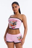 Cross-border European and American summer new fashion sexy strapless printed crop top and shorts set for women