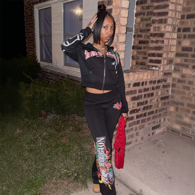 FC1425 European and American cross-border street style hot girl printed sweatshirt and pants fashion set women's winter cross-border European and American style