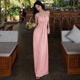 New European and American cross-border fashion sexy solid color strapless halter neck tie holiday style long dress