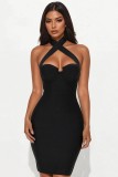 New European and American style cross-border fashion solid color bandage cross halter neck ribbed slim fit bodycon dress for women