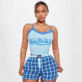 Cross-border European and American summer foreign trade fashion casual printed letter camisole top and plaid shorts set for women